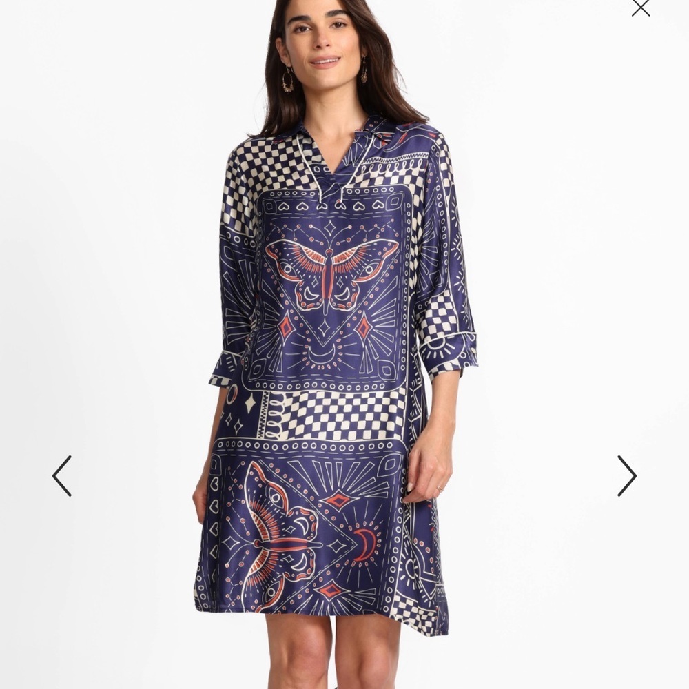 Johnny Was Henley dress silk butterfly print Navy Long Sleeve knee length S